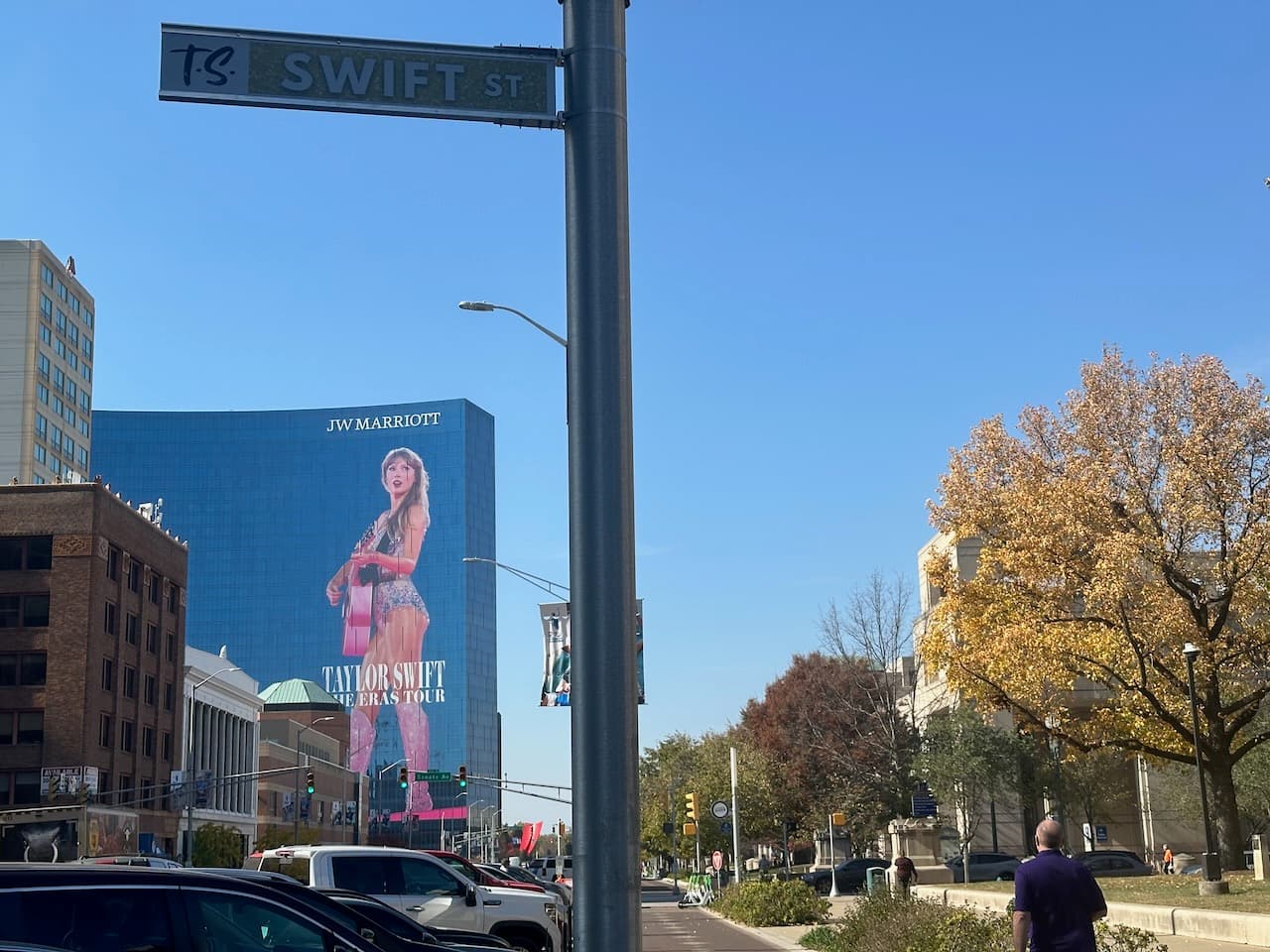Catching a peek at a 34-story-tall Taylor Swift looming above Indianapolis